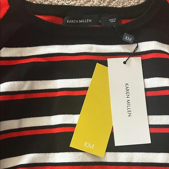 Karen Millen NWT Black/Orange/White Striped Long Sleeve Sweater Shirt Top - Picture 4 of 5